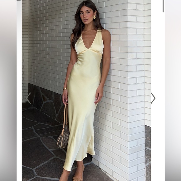 KHALANI MIDI DRESS - DEEP V NECK SATIN SLIP DRESS IN BUTTER YELLOW SHOWPO - Picture 1 of 3